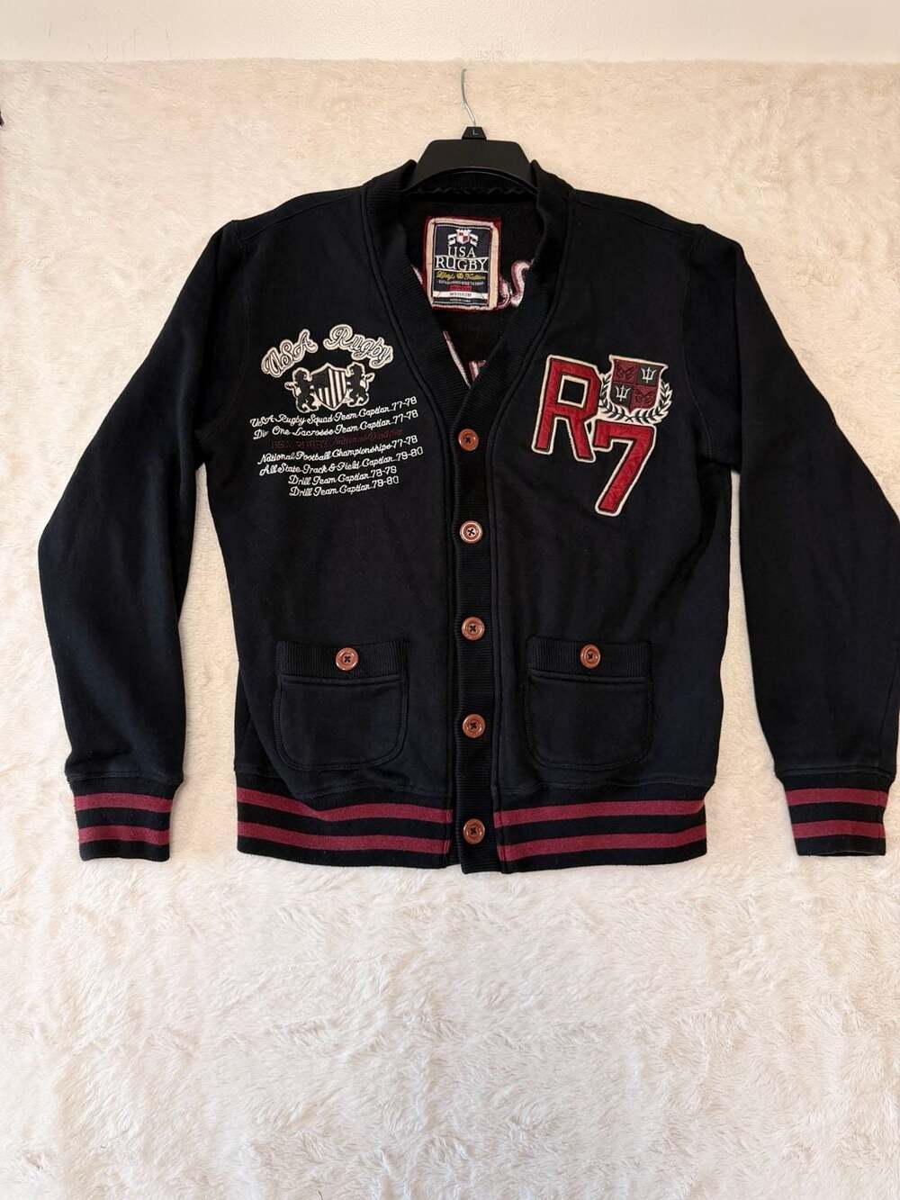 USA Rugby Cardigan Size Medium Black Varsity Letterman Sweater